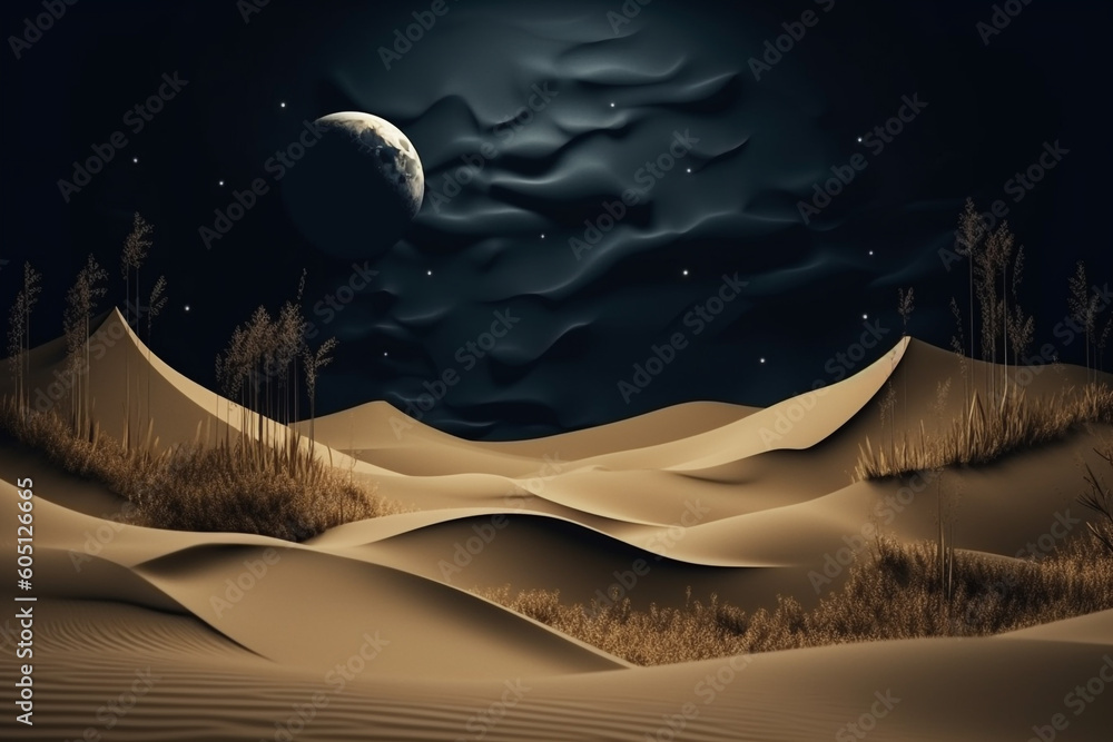 Wall mural Abstract sand dunes landscape with moon at night. 3D modern art mural wallpaper with matte dark blue background. Dark landscape with stars and moon. Minimalistic style. Generative AI