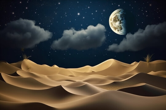 Abstract sand dunes landscape with moon at night. 3D modern art mural wallpaper with matte dark blue background. Dark landscape with stars and moon. Minimalistic style. Generative AI