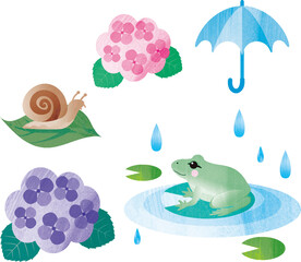 梅雨　夏　雨　花　あじさい　カエル　傘　水彩　アナログタッチ　かわいい　イラスト素材
