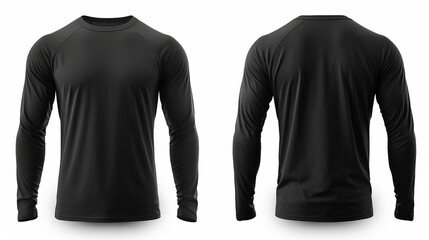 Black long sleeve t shirt front and back view isolated on white background. 