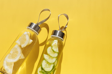 Cleansing and refreshing water drink detox with slices of lemon and cucumber, shadow at sunlight on...