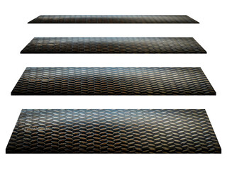  black painted metallic plate anti slip surface. Metal diamond plate texture. shelf set on white...
