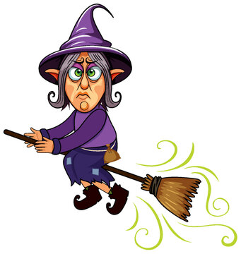 A grumpy witch cartoon character riding broom