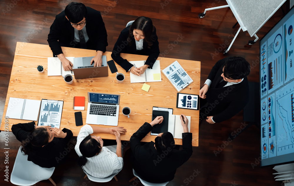Poster top view manager or office worker give presentation in harmony conference room to business colleague