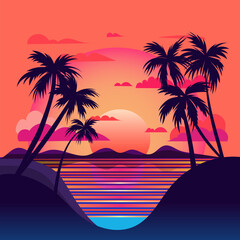 Vaporwave sunset, 80s synthwave styled landscape with sea, palm trees and sun. Vector illustration in flat style