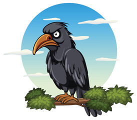 Crow perching on tree branch in cartoon style