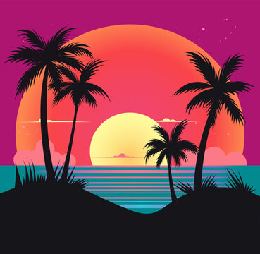 Vaporwave sunset, 80s synthwave styled landscape with sea, palm trees and sun. Vector illustration in flat style
