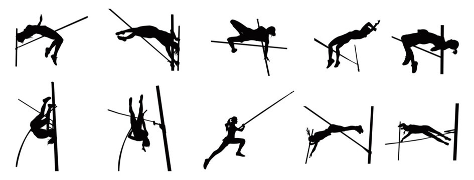 Vector set silhouette of sportswoman of high jump. High jump female athlete silhouette isolated vector design.