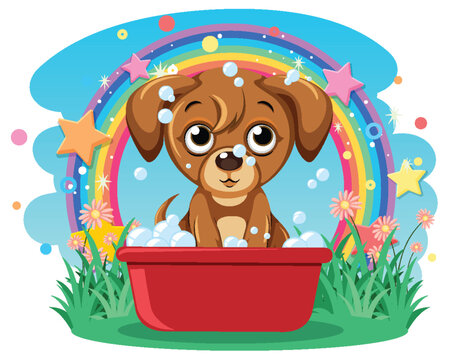Cute dog taking a bath