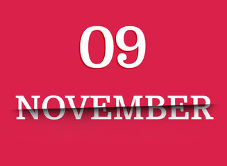 9 november calendar date white, cut in half. Viva magenta background, trend color 2023