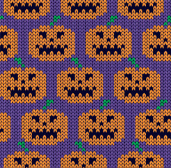Knitted jacquard ornament with orange pumpkins on purple backgound seamless pattern. Halloween vector illustration.