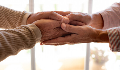 Old people holding hands close up view, senior retired family couple express care as psychological support concept, trust in happy marriage, empathy hope - Powered by Adobe