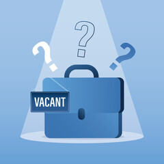 Recruitment, hiring, new vacancy. Job application questions. Post resumes. Job interview. Briefcase with placard - vacant and questions in spotlight.