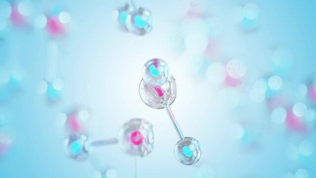Molecular chemical formula H2O. Water molecules pink blue color. Ball and Stick chemical structure model. Concept science or Cosmetic industry. Animation Seamless loop and green screen.