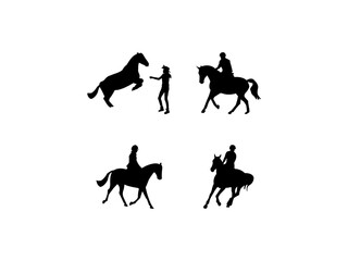 Horse rider silhouette vector. Set of four silhouettes of horse riders. Horse racing action in various poses, vector silhouettes set. Vector illustration.