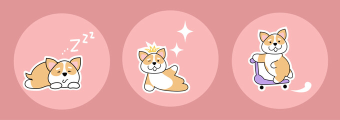 Cute puppies Welsh Corgi. Fashion patches, stickers, pins and signs isolated on pink background
