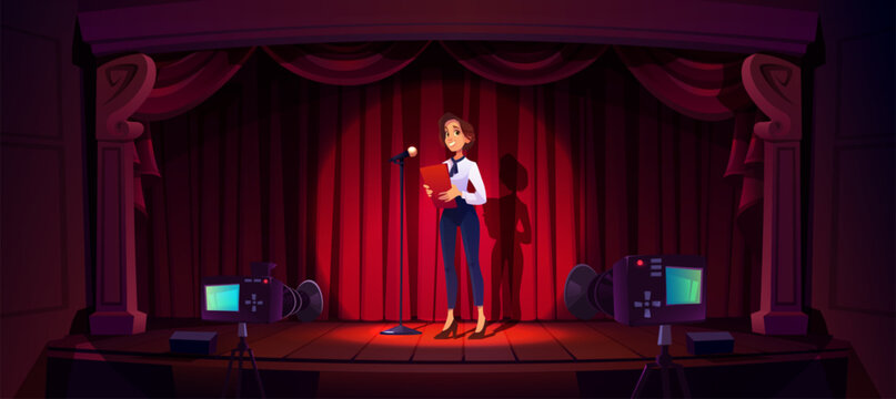 Female presenter smiling near microphone on stage. Vector cartoon illustration of pretty woman standing with folder in hand, camera recording video, taking photo of speaker performance at presentation