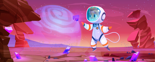 Happy astronaut kid on alien planet surface. Vector cartoon illustration of teen boy wearing spacesuit and helmet exploring red Mars landscape, mineral crystals, rocky stones, many stars on sky