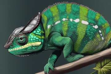 Obraz premium Image of side view of a green chameleon on a branch on natural background. Wild Animals. reptile, illustration. Generative AI.