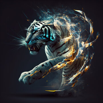 Image of a angry tiger on a dark background. Wildlife Animals. Illustration. Generative AI.