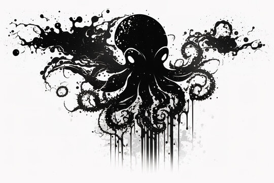 Image of a octopus drawing using a brush and black ink on white background. Sea animals. Illustration, generative AI.