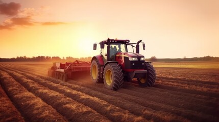 Obraz premium The tractor drives across the field, prepares beds for sowing. Generative AI