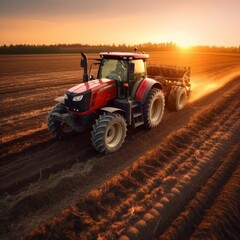Obraz premium The tractor drives across the field, prepares beds for sowing. Generative AI