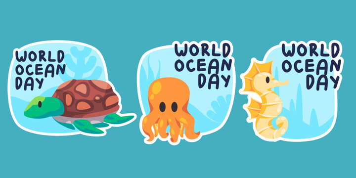 World ocean day marine animal creatures campaign save the planet water object set collection drawing illustration sticker doodle cartoon style