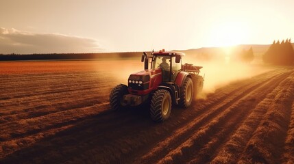 Fototapeta premium The tractor drives across the field, prepares beds for sowing. Generative AI