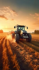 Obraz premium The tractor drives across the field, prepares beds for sowing. Generative AI