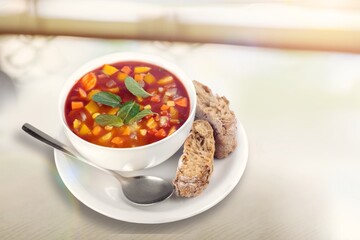 Tasty hot meat dish in bowl