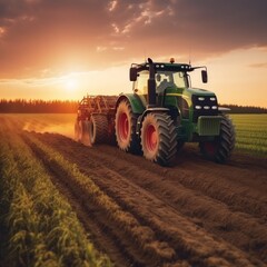 Naklejka premium The tractor drives across the field, prepares beds for sowing. Generative AI