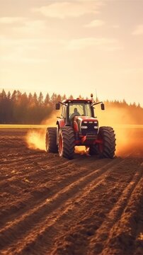 Fototapeta The tractor drives across the field, prepares beds for sowing. Generative AI