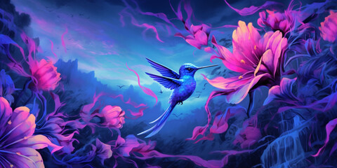 Fototapeta na wymiar Beautiful Fantasy Ethereal Hummingbird Magic Forest Garden Flowers Petals Generative AI