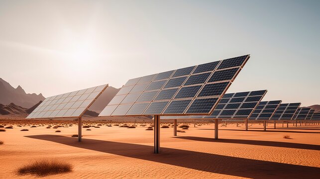 Solar panels stand in a desert area on a sunny day. symmetrical arrangement. Generative Ai
