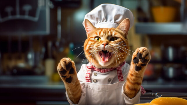 Cooking cat in a cooking contest interview meowing at the camera. .Generative AI