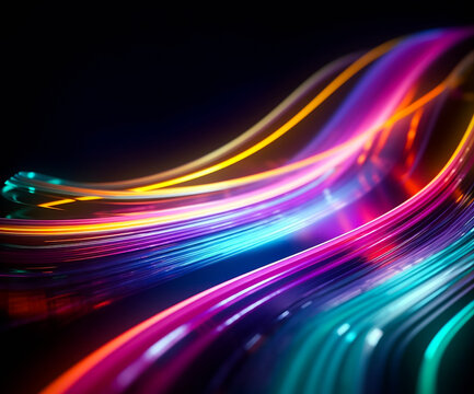 abstract colorful background with motion blurred light curved lines on dark backdrop. Generative AI