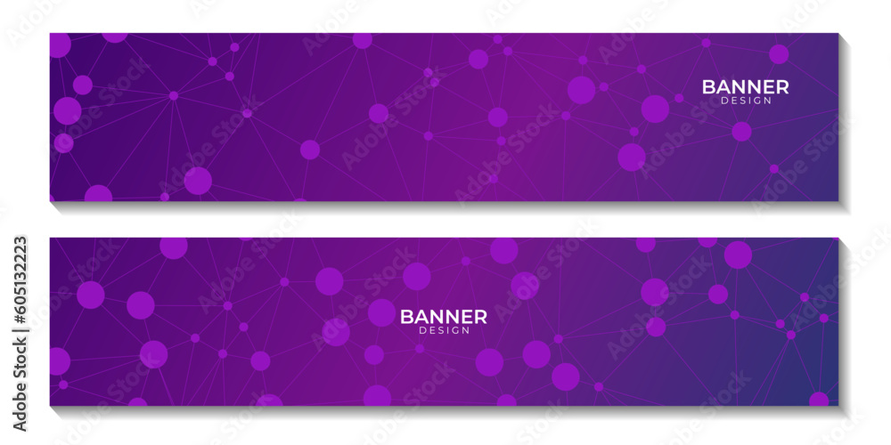 Poster set of banners with abctract purple background with connected dots and molecular