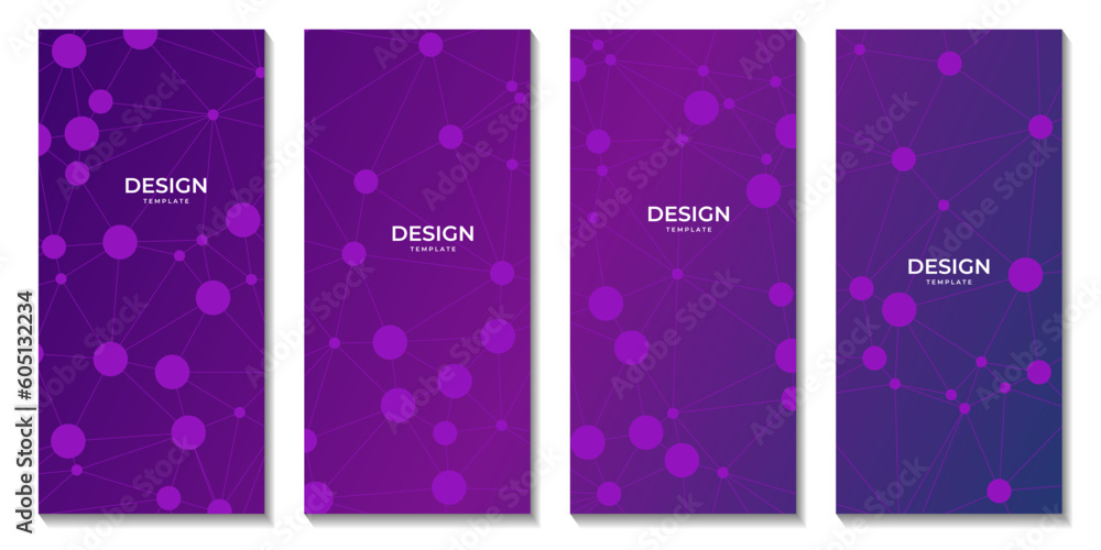 Poster set of brochures with abctract purple background with connected dots and molecular