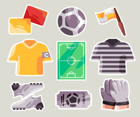Soccer football equipment and jersey uniform shoes ball field card cartoon set sticker doodle collection bundle illustration