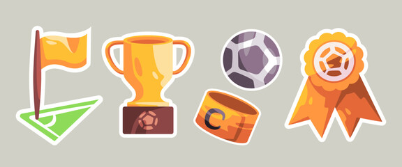 Sport soccer football gold trophy champion match competition ball corner and arm band cartoon set sticker doodle collection bundle © SriWidiawati