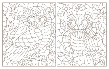 Fototapeta na wymiar Set of contour illustrations of stained glass Windows with cute cartoon owls on tree branches, dark outlines on a white background