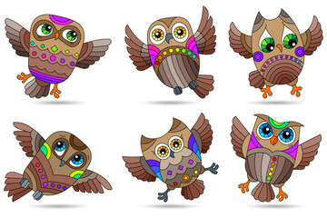 A set of illustrations in the style of stained glass with bright cartoon owls, animals isolated on a white background