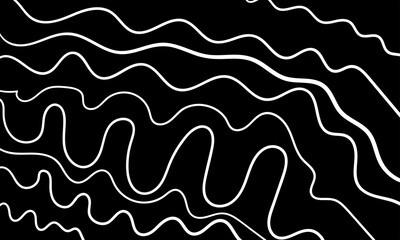 Abstract pattern of curves wavy white lines of different thicknesses on a black background. Composition in the form of an arbitrary two-color background. Vector illustration, EPS 10. Copy space.