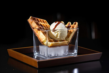 Viennese waffles with ice cream in a glass cup. Generative AI.