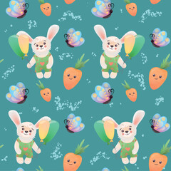 Seamless pattern of bunnies, balloons, butterflies and carrots. Baby patterns for fabrics, backgrounds, wallpaper and digital paper.
