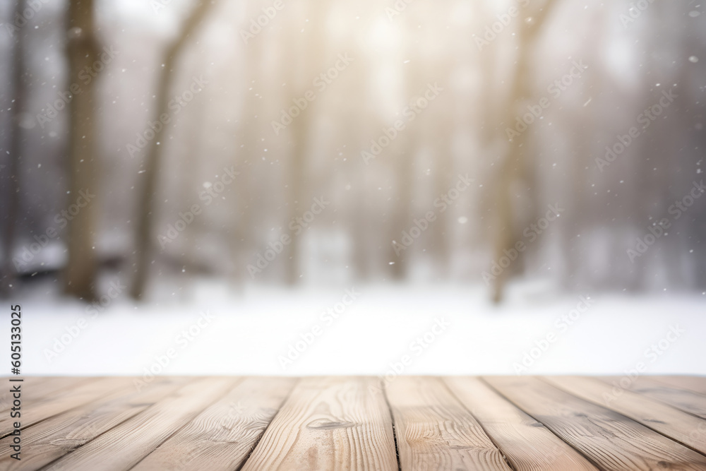Poster creative mock concept. empty wooden table top in front of snow landscape falling snowflakes with tre