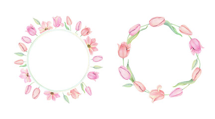 Set of two Frame with pink tulip flowers in a circle. The text is in the middle. Greeting card template with place for text. Spring wreath. Hand drawn watercolor illustration for easter design