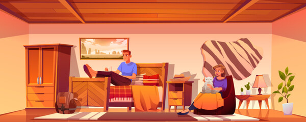Woman with cat and man in bedroom background illustration. Husband lying on bed in hotel apartment with tea cup and resting. Clean brown wooden interior with wardrobe and armchair and plaid cover.