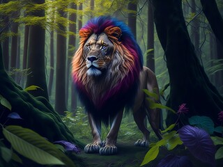 Portrait of a lion in jungle concept, Generative ai